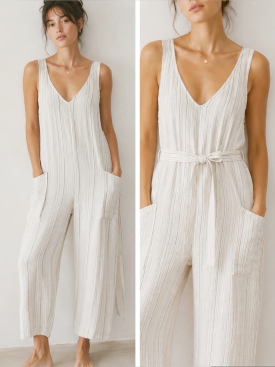 Japna Pants - Japna Woman Cream Striped Muslin Cotton V-Neck Sleeveless Jumpsuit MEDIUM Boho